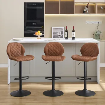Set of 3 Brown Swivel Bar Stools – Adjustable Height, Faux Leather 1