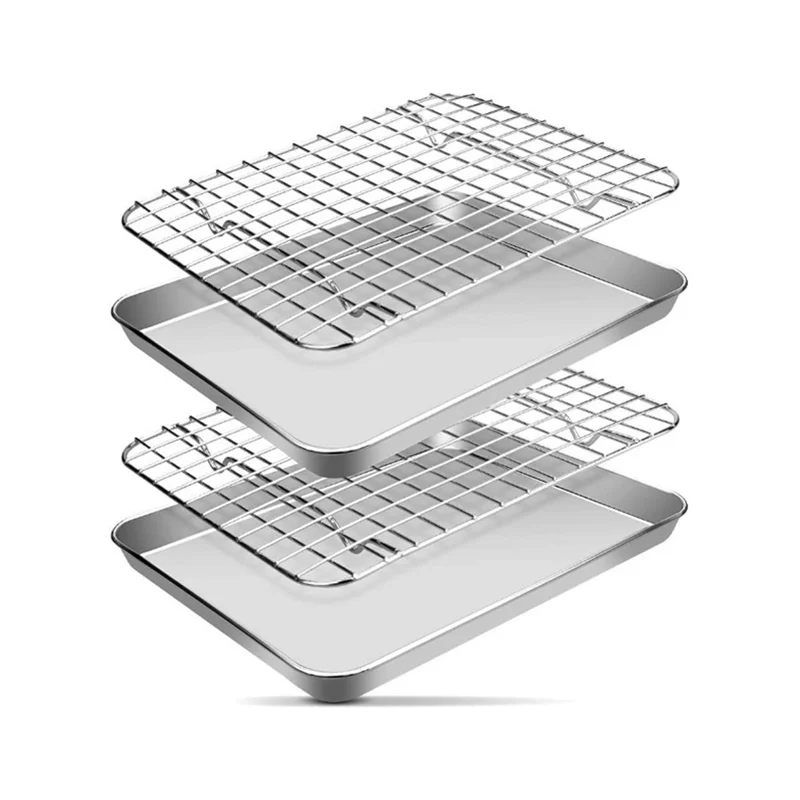Stainless Steel Barbecue Tray with Cooling Rack Silver Golden Grid Bakeware Kitchen BBQ Baking Pan Fruit Food Plate Organizers 5