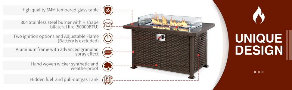 Description Picture 3 of itemU-MAX 44in Outdoor Propane Gas Fire Pit Table, 50,000 BTU Auto-Ignition Gas Firepit with Glass Wind Guard, Black Tempered