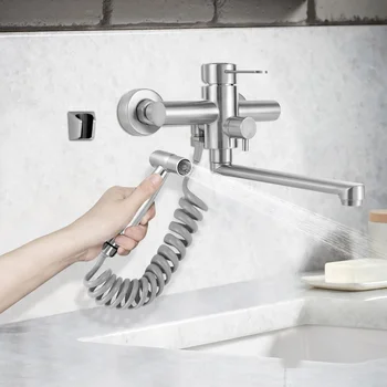 Miscelatore da cucina a parete con spruzzatore, 360 °   Beccuccio girevole in acciaio inossidabile e design anti-perdite per lavello/biancheria, nero/argento 1