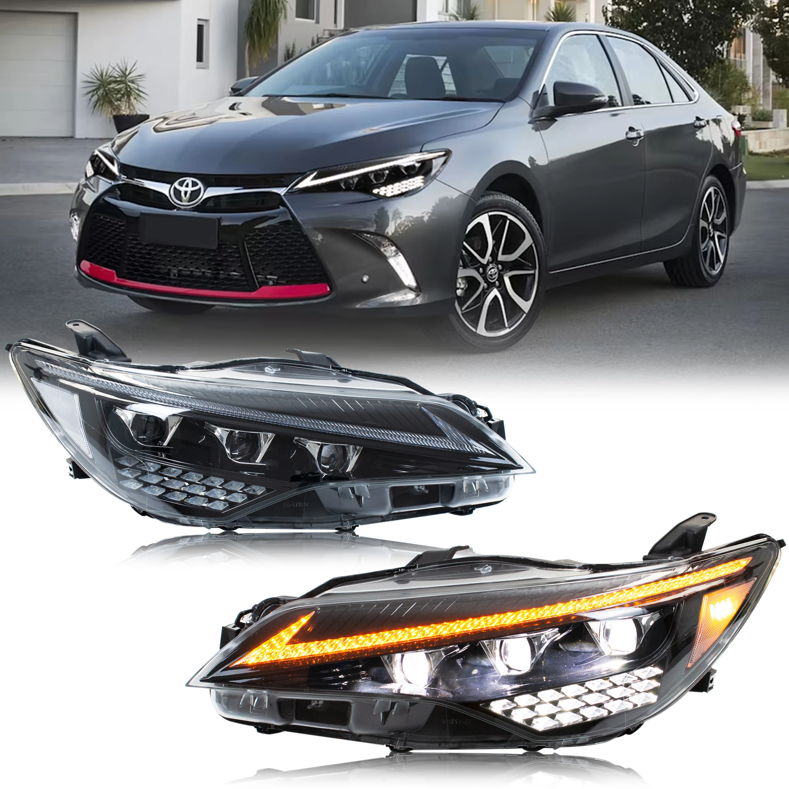 

LED Triple Beam Headlights for Toyota Camry 7th Gen 2015 2016 2017 Start-up Animation Sequential Indicator Front Lamps