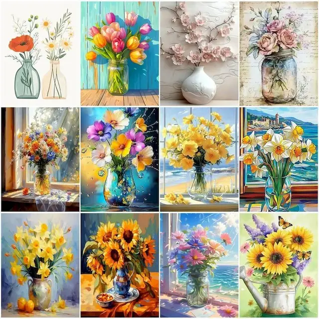 RUOPOTY-Peinture par numéros pour adultes, arrangement de fleurs, décoration de vase, cadre d'art mural, marqueurs de documents modernes, image sur toile, art mural 1
