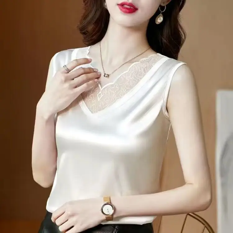 S4d91c2d755e640c2937599b931a81a59X Korean Silk Women Blouses Shirt Woman Satin Blouse Tops Women Satin Lace Embroidery Blouse Top Woman V-neck Printing Shirts Tops Mallzona