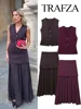 TRAFZA Women 2 Piece Set V-Neck Sleeveless Button Knitted Vest Top+Elegant Splicing High Waist Zipper Long Skirts Holiday Suits 2