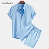 Mens Casual Knitted Two Piece Sets 2024 America and Europe Notched Blouse and Light Blue Shorts Suit Male Beach Tracksuits Set 1