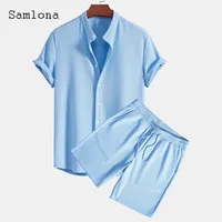 Mens Casual Knitted Two Piece Sets 2024 America and Europe Notched Blouse and Light Blue Shorts Suit Male Beach Tracksuits Set 1