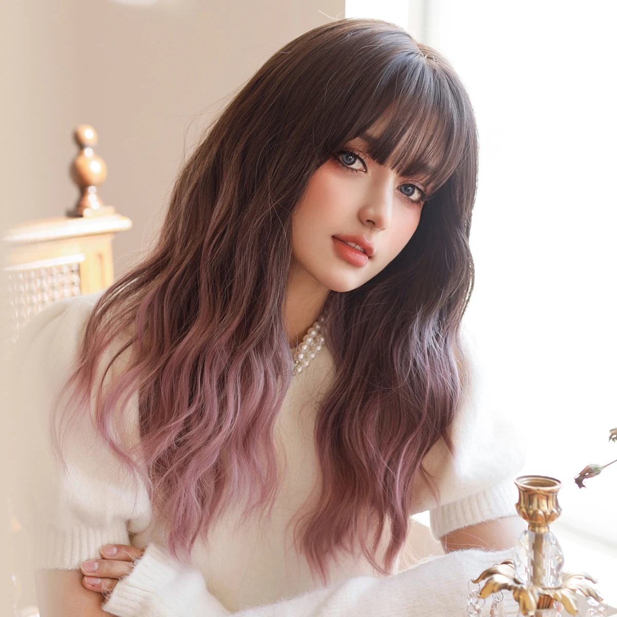 HAIRCUBE Lunghe Parrucche Ondulate Con Bangs Ombre Parrucche Bionde - Foto 7
