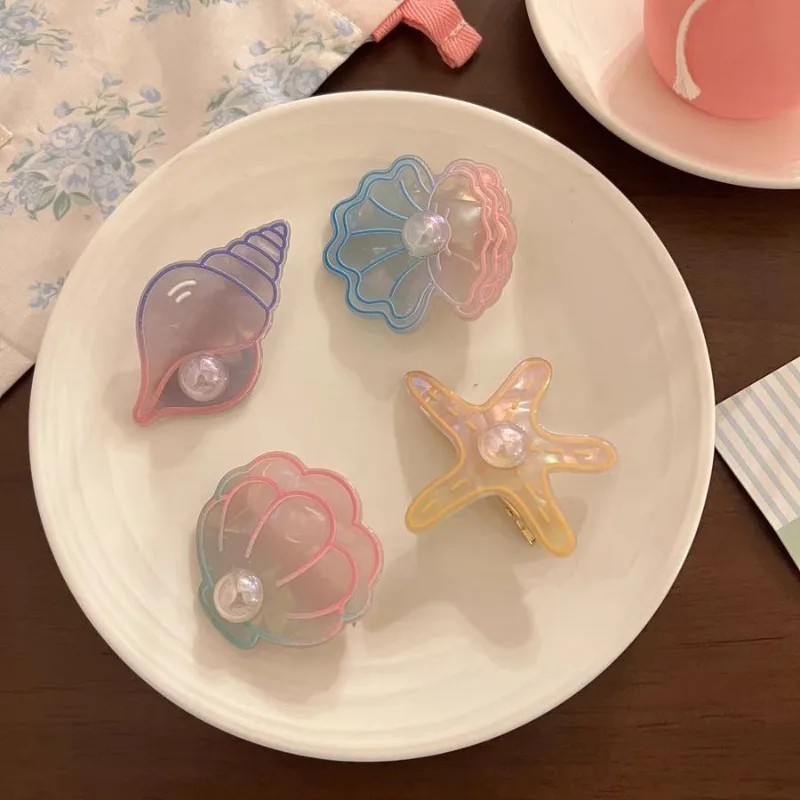 Ocean Star Girls Hairpins Cute Shell Pearl Bangs Side Clip Fantasy Conch Hair Clips Starfish Barrettes Simple Hair Accessories ship ocean shower curtain cartoon blue wooden anchor whale starfish conch shell fish lighthouse children adventurer bath screen