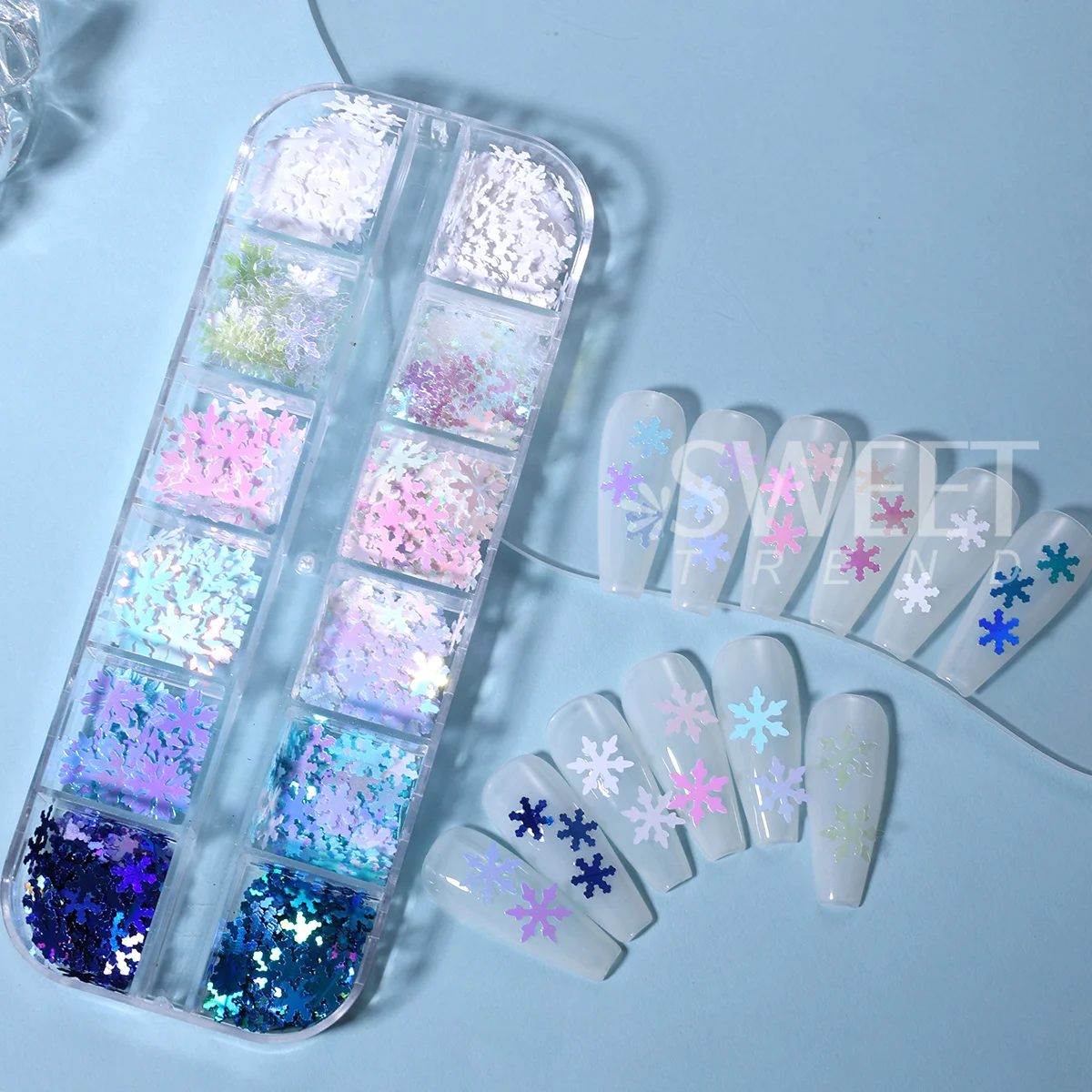 2 Boxes Winter Snowflake Sweater Nail Sequins Blue White Snow Holographic Sugar Powder Design Glitter Flakes Xmas Manicure Decor