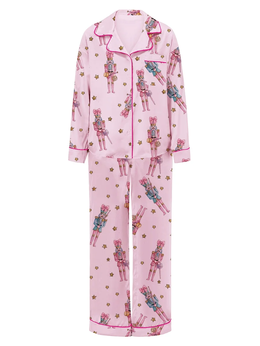 Women Christmas Pajama Set Cute Nutcracker Print Long Sleeve Button Down Shirt Pants Satin Silk PJ Set 2 Piece Jammies