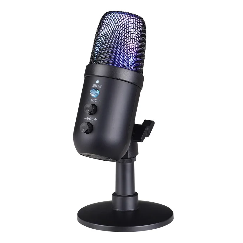 USB 콘덴서 게이밍 마이크, RGB 기능이 있는 PC 녹음 마이크, 소음 제거, 헤드폰 잭 및 음소거 버튼