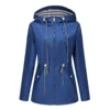Women Blue Waterproof Hooded Jacket, Fashion Casual Coat Waist Drawstring Tie Zipper Switch Red Green Yellow Black Windbreaker