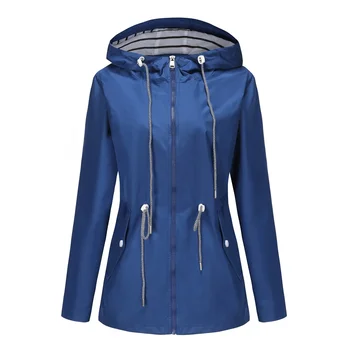 Women Blue Waterproof Hooded Jacket, Fashion Casual Coat Waist Drawstring Tie Zipper Switch Red Green Yellow Black Windbreaker 1