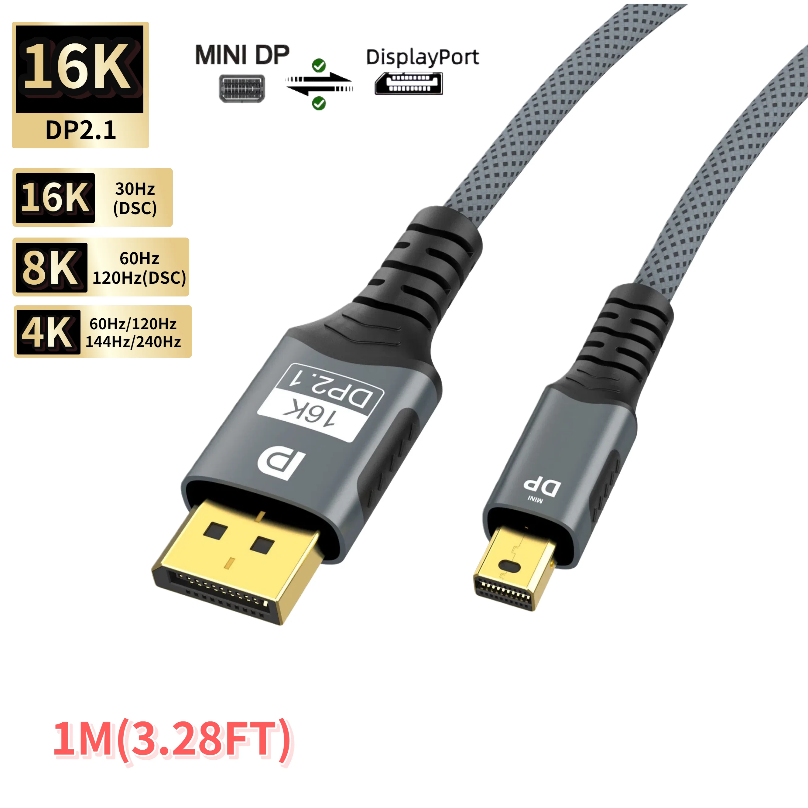 כבל Mini DisplayPort ל-DisplayPort DP2.1 מתאם 54Gbps 8K@60HZ 4K@120HZ Mini DP ל-DP דו כיווני עבור מחשב נייד למשחקים