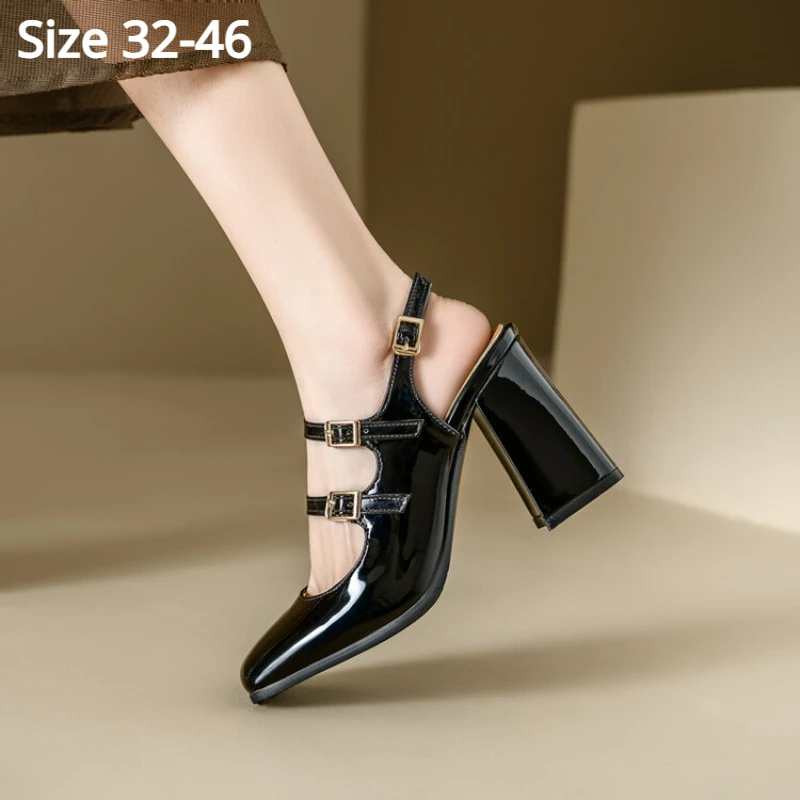 

Silver buckle 9cm high heeled women sandals 2024 summer elegant black patent leather commuting casual sweet beauty style sandals