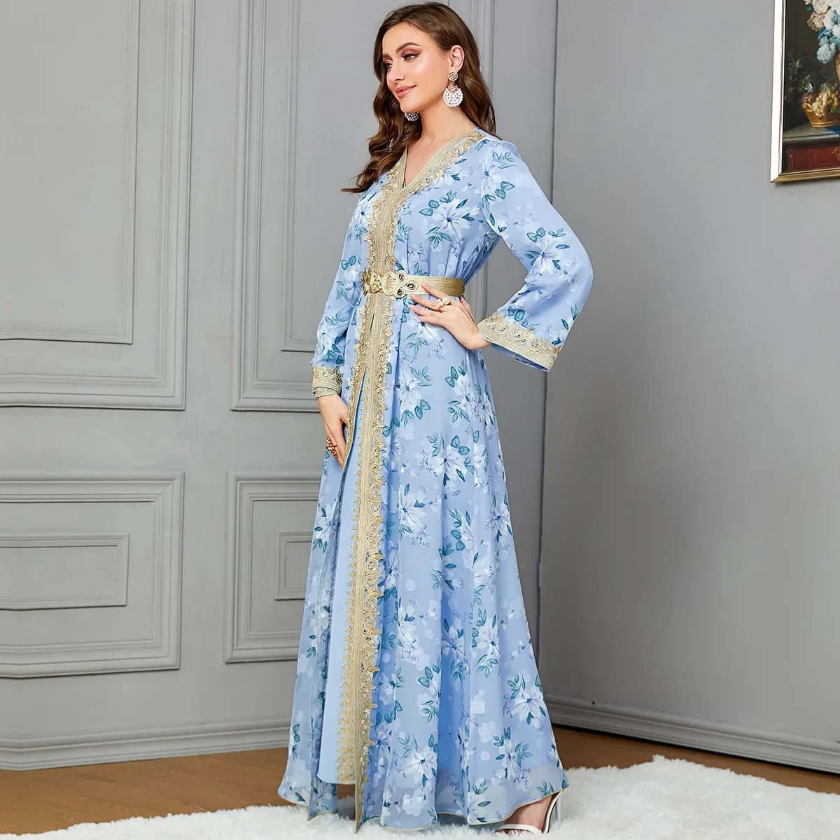 Autumn Winter Morocco Muslim Party Dress for Women Abaya 2 Piece Set Islamic Dresses Floral Print Kaftan Robe Vestidos Caftan