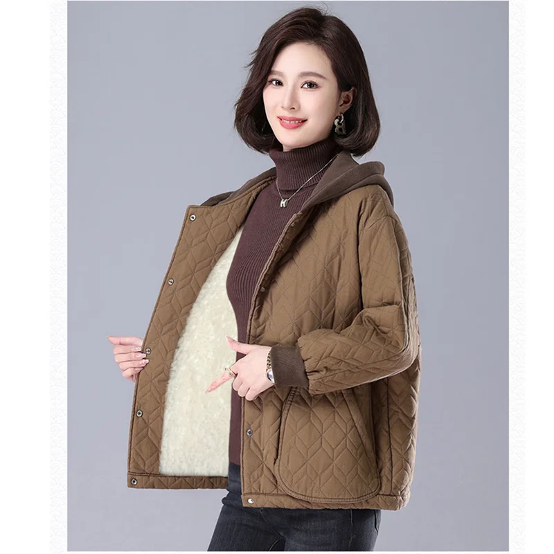 

4XL Mom's autumn and winter outfit Hooded Loose Plush Coat 2024 New Middle-Aged Women's Plush Jackets Casual Thick Parka Jacket