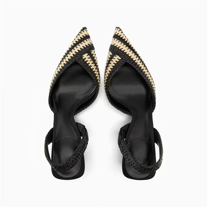 TRAF Women New Weave Stripe Heeled Sandals 2024 Summer Mid Heeled Slingbacks Patchwork Pointed Stilettos Shoes For Woman Party 3