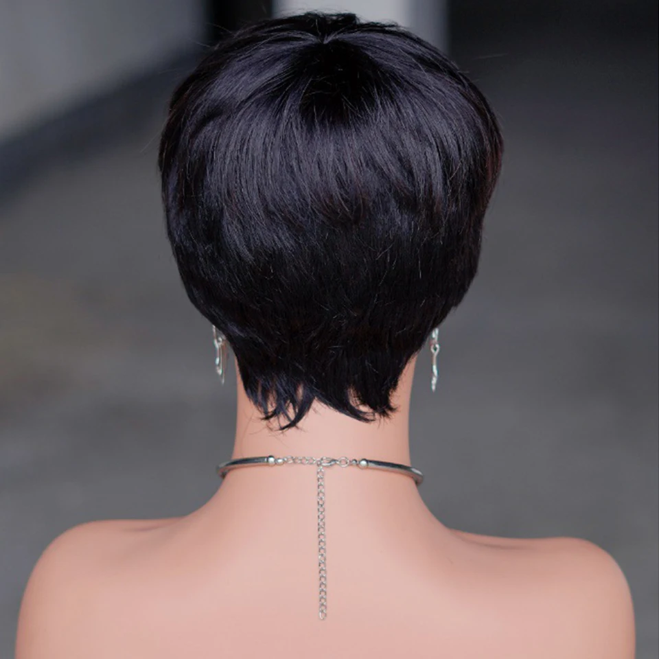 Short Human Hair Wigs Pixie Cut Straight perruque bresillienne for Black Women Machine Made Wigs With Bangs Cheap No Lace Wig