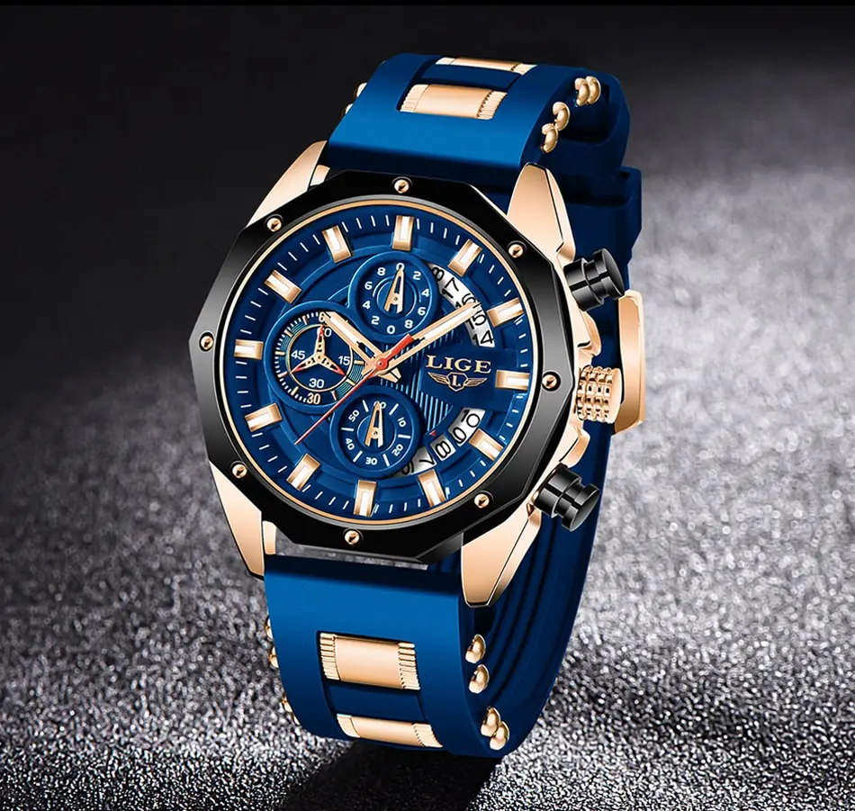 New Fashion Mens Watches Top Brand Luxury Silicone Sport watch Men Quartz Date Watch Waterproof Wristwatch Chronograph Clock Man