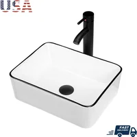 Rectangle Ceramic Vessel Sink White 16''x12'' Above Counter Small Porcelain Black Body Combo 1