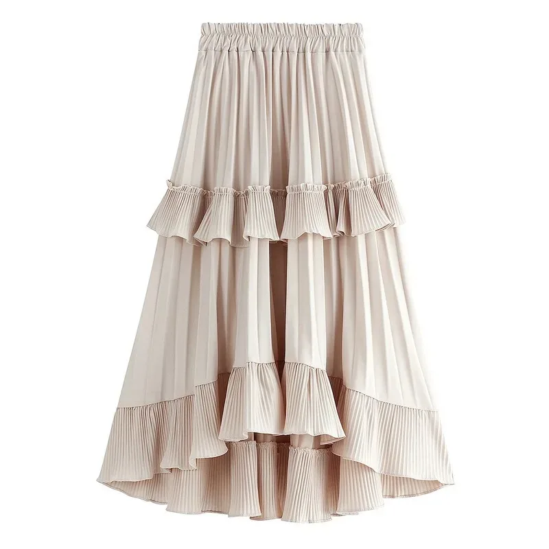 

New Autumn Pleated Skirt High Waist Irregular Hem Flouncing Women Long Skirts Saia Women White Skirts Faldas Jupe Femme