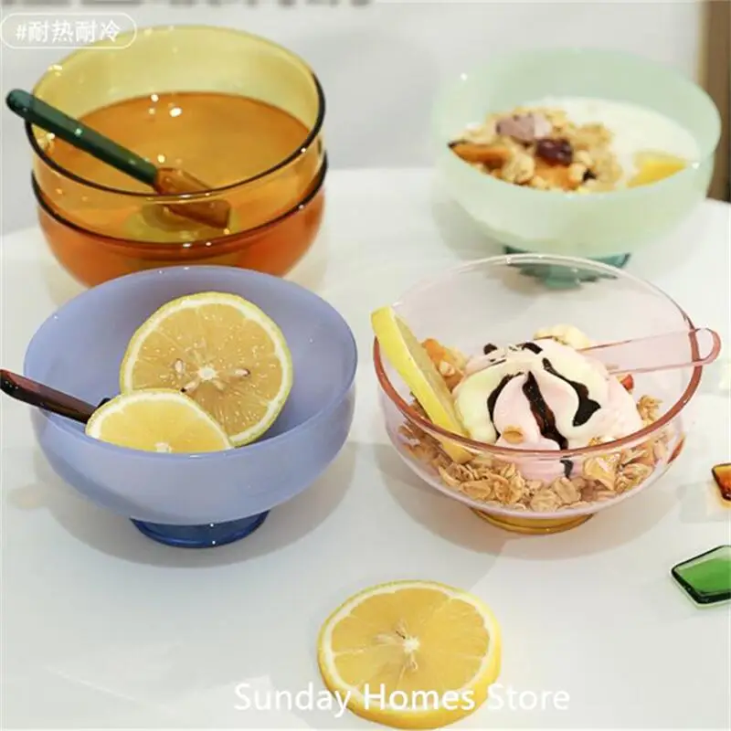 Icecream Glass Bowl Spoon Suit Dessert Salad  Yoghurt Bowl Tableware Soup Bowl Heat Resistant GlassMicrowave Oven Bakware