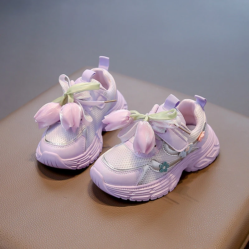 Girls Sneakers Toes Capped Soft Sole Kids Princess Casual Shoes with Sweet Flower 2025 Autumn New Children Sports Shoes Non-slip