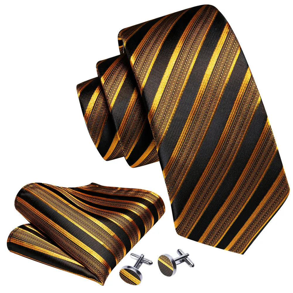 Barry.Wang Dark Gold Men Tie Silk Stripe Pocket Square Cufflinks Sets Formal Woven Neckties Business Party Designer Gifts 5702