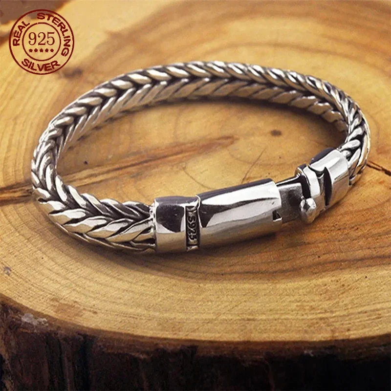 

100% Real Solid S925 Silver Handmade Woven Retro Domineering Style Ppersonality Keel Unisex Birthday Fine Jewelry Gift