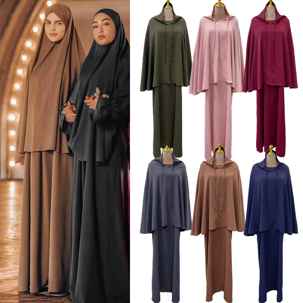 Due Pezzi Set Preghiera Indumento Mantello Top Vestito Donne Musulmane Abaya Robe Overhead Hijab Lungo Khimar Ramadan Vestiti Arabi Niqab