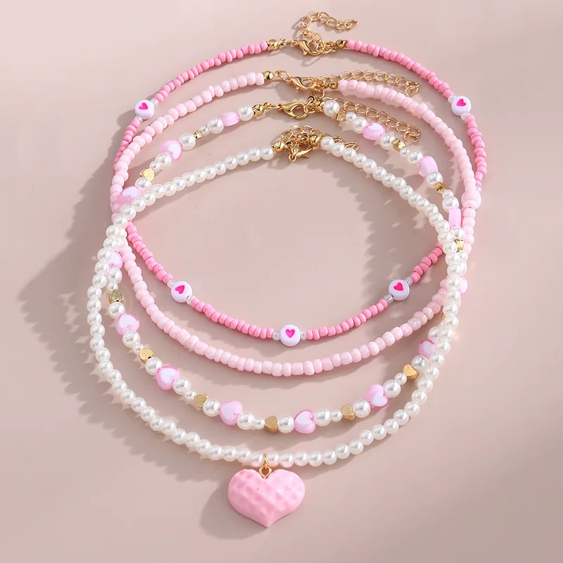 Jewelry Set Pink Love Butterfly Pendant Imitation Pearl Rice Beads Handmade Beaded Children Chain Necklace Good Friend Gift