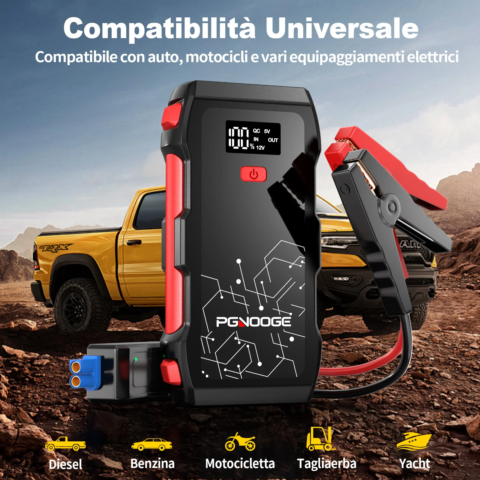 PGNOOGE 6000A di Picco Avviatore Batteria Auto, 26800mAh Avviatore ad Alta Capacità per Tutti i Motori a Benzina e Diesel Fino a 10L, Kit di Emergenza Portatile per Viaggi Stradali - immagine 4