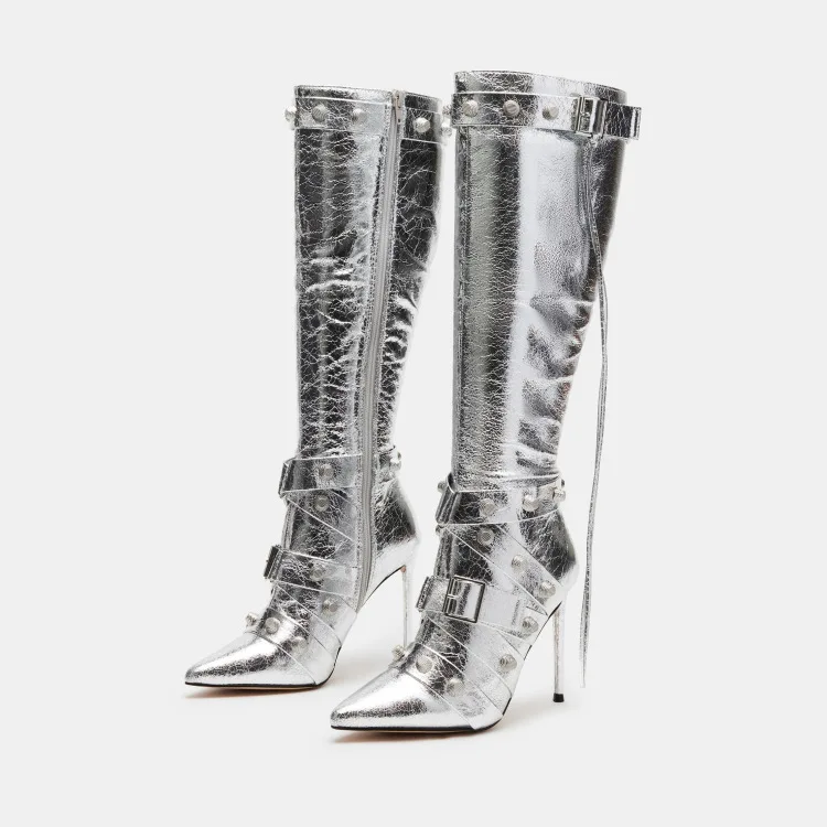 

Pointed Toe Rivet Metal Buckle Boots Stiletto Ultra High Heel Side Zipper Long Botas Femininas Plus Size Women Shoes Zapato