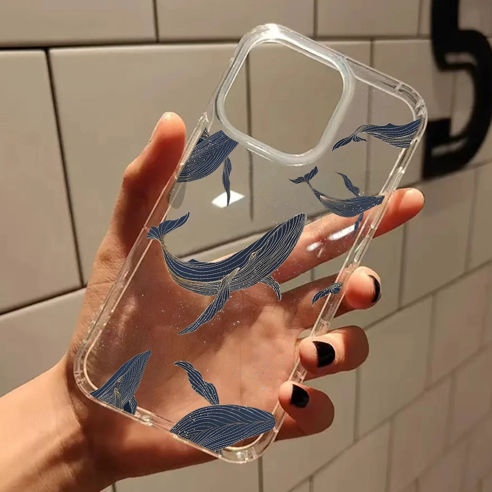 Blue Whale Pattern Clear Phone Case - Marine Art Style Soft Cover
