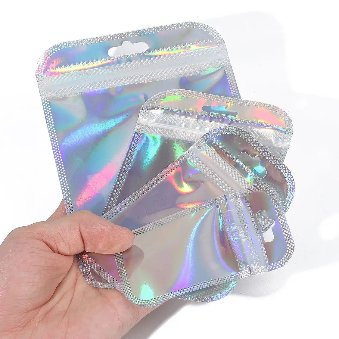 

Silver Iridescent Transparent Bag Laser Thicken Plastic Seal Bag For Charms Handicrafts Nail Jewelry Eyelash Packaging 25pcs/bag
