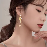 Mermaid Trend Earrings For Women Super Fairy Mermaid Alloy Electroplate Golden Jewelry Inlay Brick luxurious Long Pearl Earrings 3