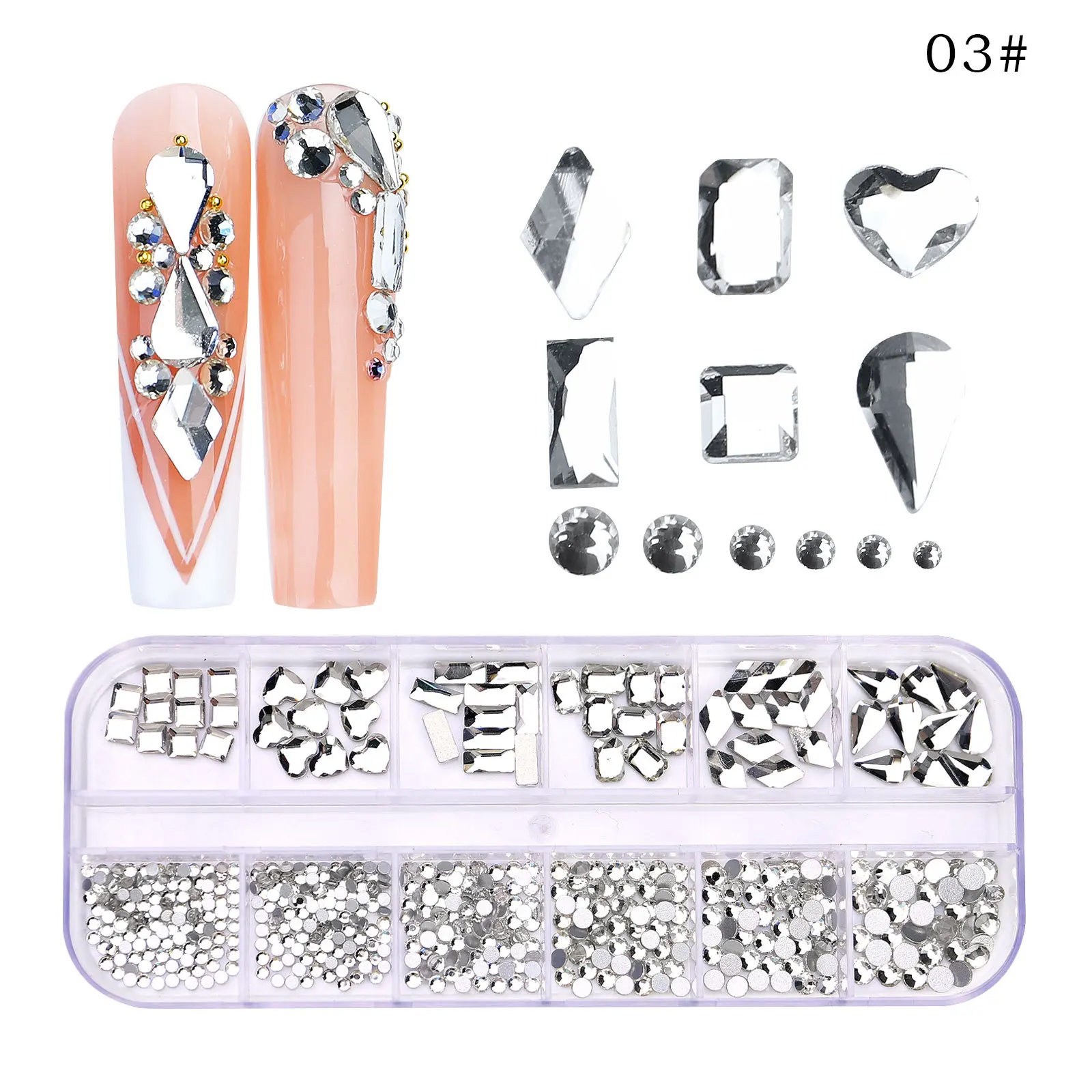 

12Gird Box Crystal Multi Size Nail Art Rhinestone AB/Colorful Flat Bottom Mixed Shape DIY Nail Art 3D Decoration for Nail Charms