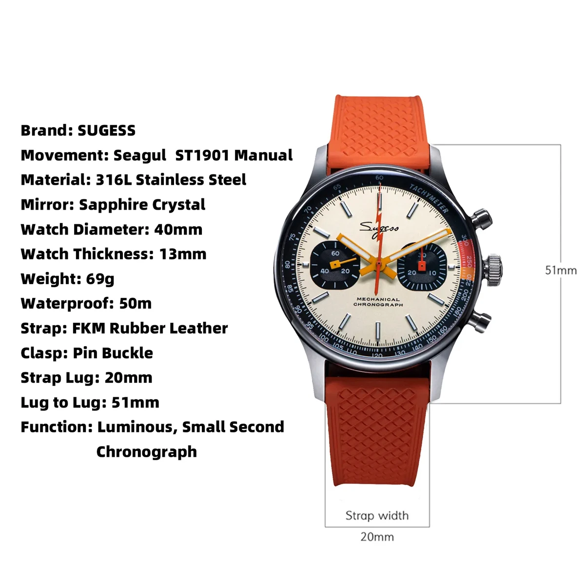 Mechanical watch Sugess Pilot Mechanical Watch for Tianjin ST19 Chronograph Swanneck Movement Wristwatches Sapphire Crystal Limited Sports Racing