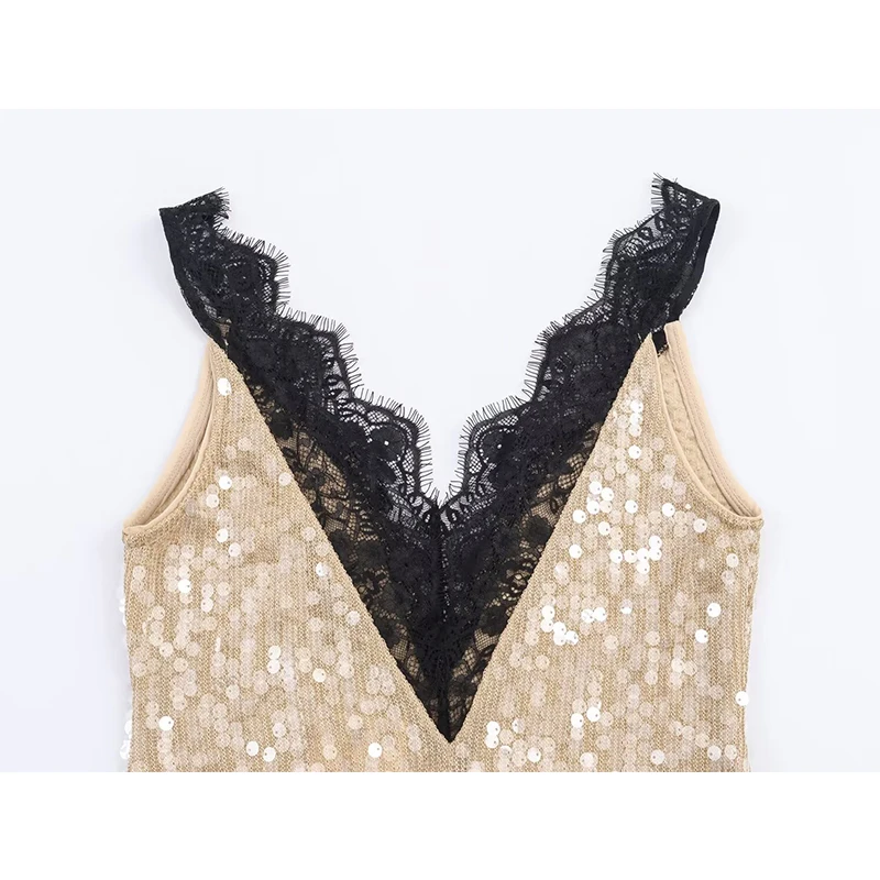 Sexy Sequin Long Dress Women Slim Sleeveless V-neck Party Dresses Female Fashion Lace Splicing Elegant Dresses ﻿