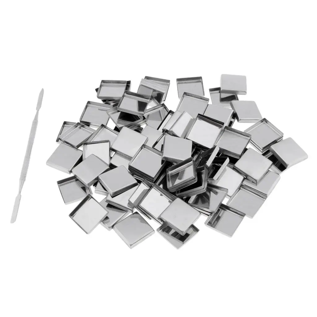 Set of 100 Empty Square Metal Tin Pans with Stick for Eyeshadow DIY