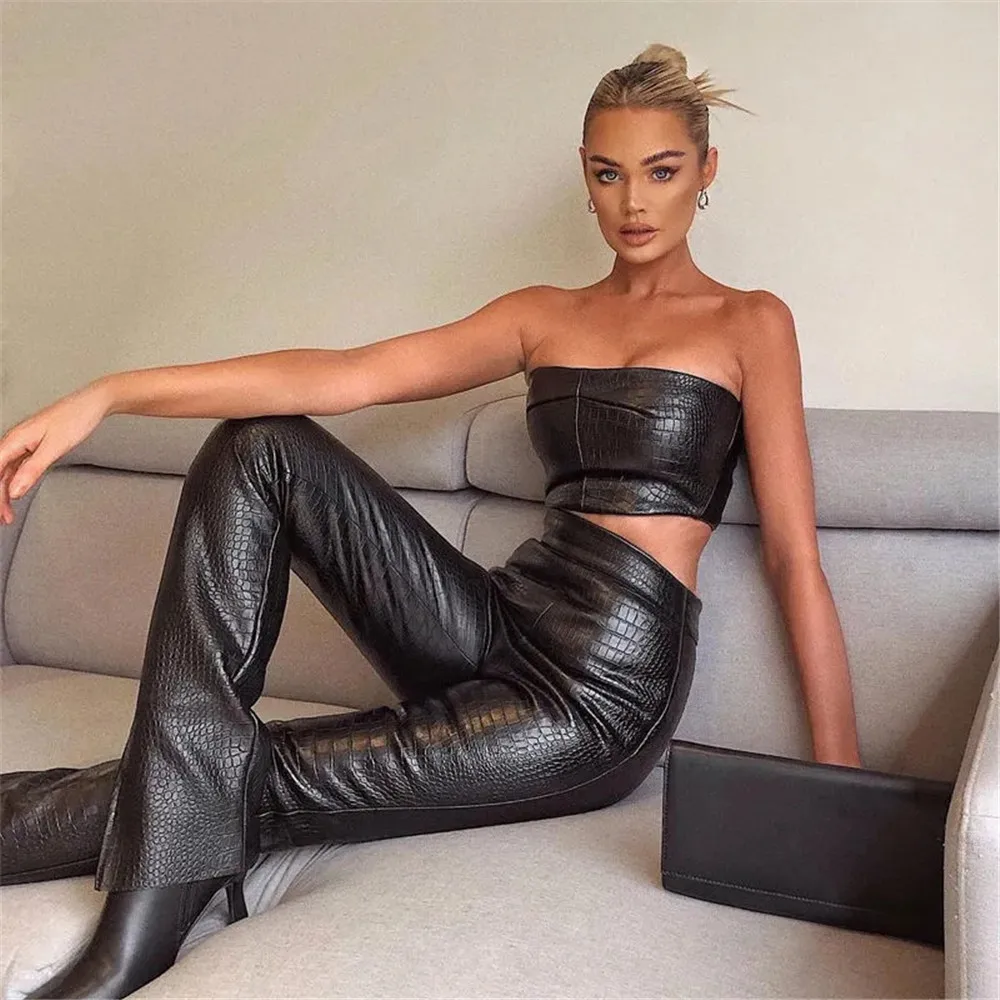 Woman Clothingy2KHeavy Imitation Crocodile Pu Chest Top Slim Split Leg Long Leather Pants Two-Piece Fashi
