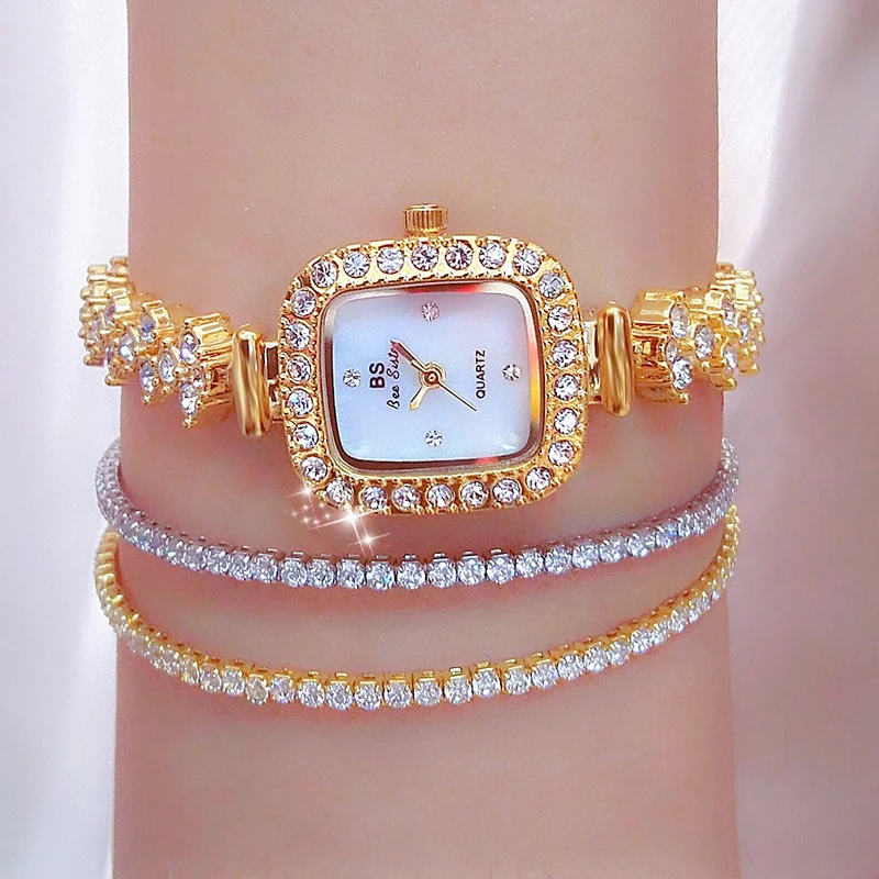 New BS Ladies Watch Golden Bracelet Watches 2022 INS Popular Elegant Luxury Small Dial Quartz Gold Watch For Women Free Shipping