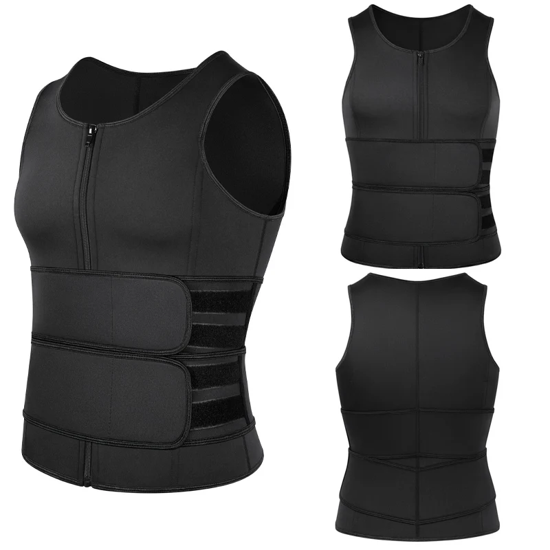 Black Mens Neoprene Sauna Vest Ddouble Belt Hourglass Figure