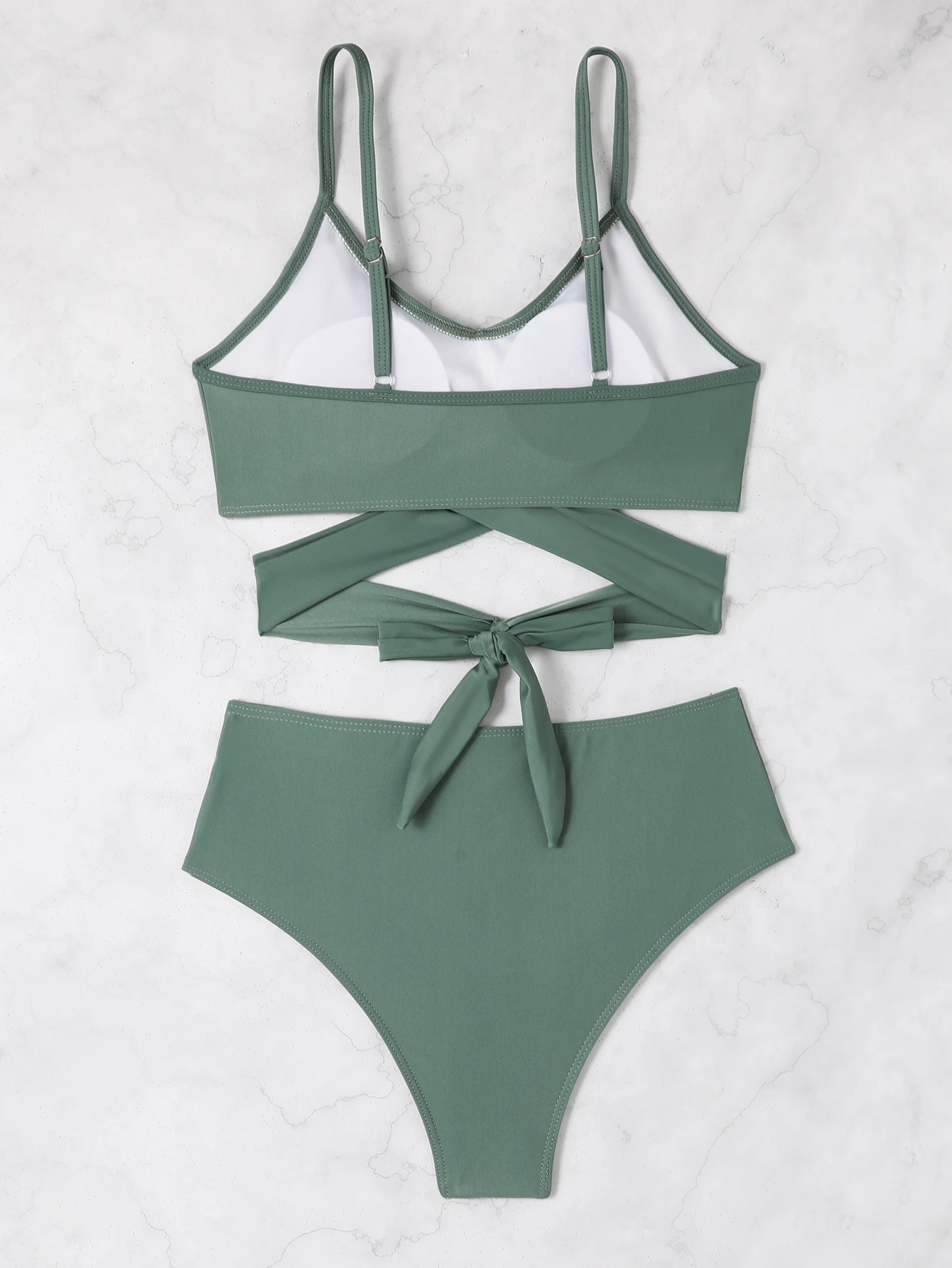 Solid Color Women's Swimwear V Neck Back Tie Bikini Set Adjustable Strap Swimsuit Female Summer Swimming Beach Wear