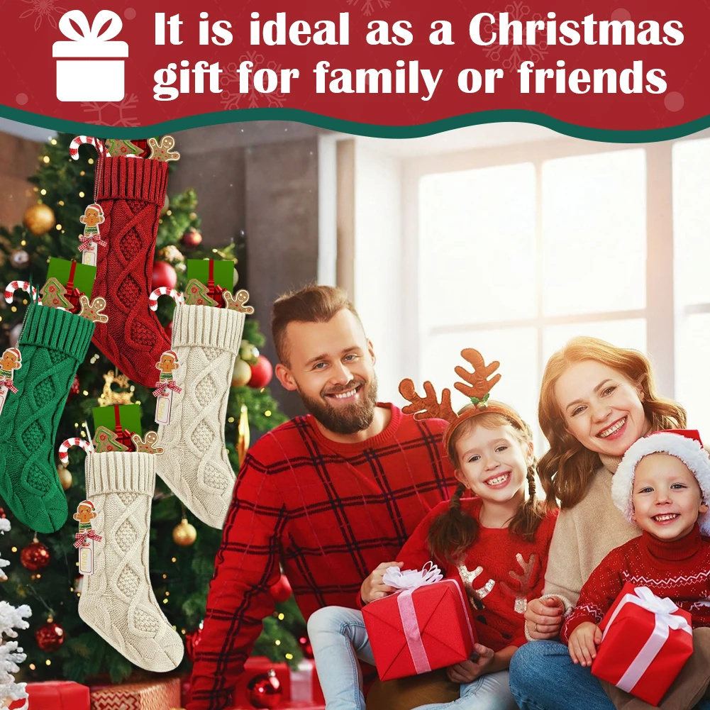 Personalized Christmas Stocking with Leather Patches Large Size Cable Knitted Socks Large Capacity for Home Xmas Tree Ornament