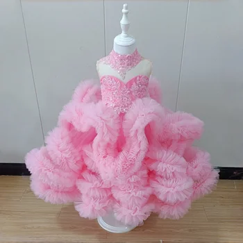 Customized Baby Pink Tulle Flower Girl Dress For Wedding Puffy Pleated Layered Kids Birthday First Communion Party Ball Gowns 1