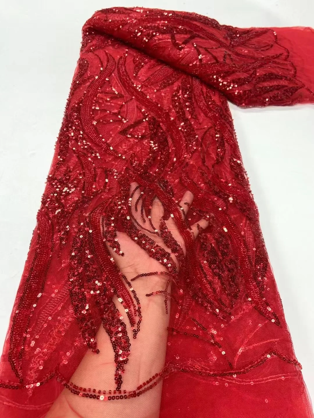 

Red African Handmade Heavy Beaded Fabrics Luxury Nigerian Sequins Mesh Lace Fabric French Tulle Handcut Lace For Wedding