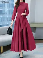 ZANZEA Women Long Sleeve A-line Sundress Fashion Long Dress Autumn Solid Party Holiday Maxi Dresses Vestidos Femme Vintage Robe