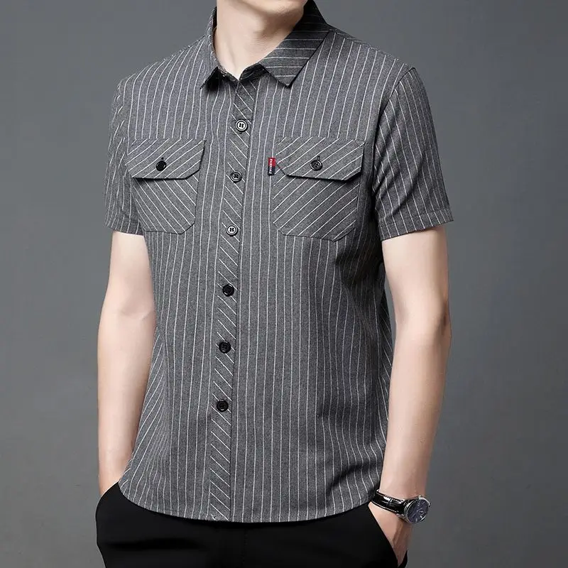 Men's Clothing Business Casual Loose Striped Printing Short Sleeve Button Handsome Temperament Pockets Turn-down Collar Shirts